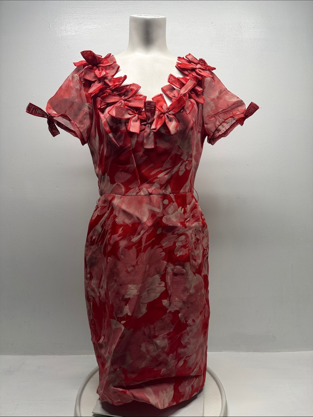 Carolina Herrera Dress Midi Silk Short Sleeve Floral Bow Trim Ruffle Dress Red 8